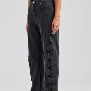 Cernucci Women's Charcoal Lace-Up Wide Leg Jeans